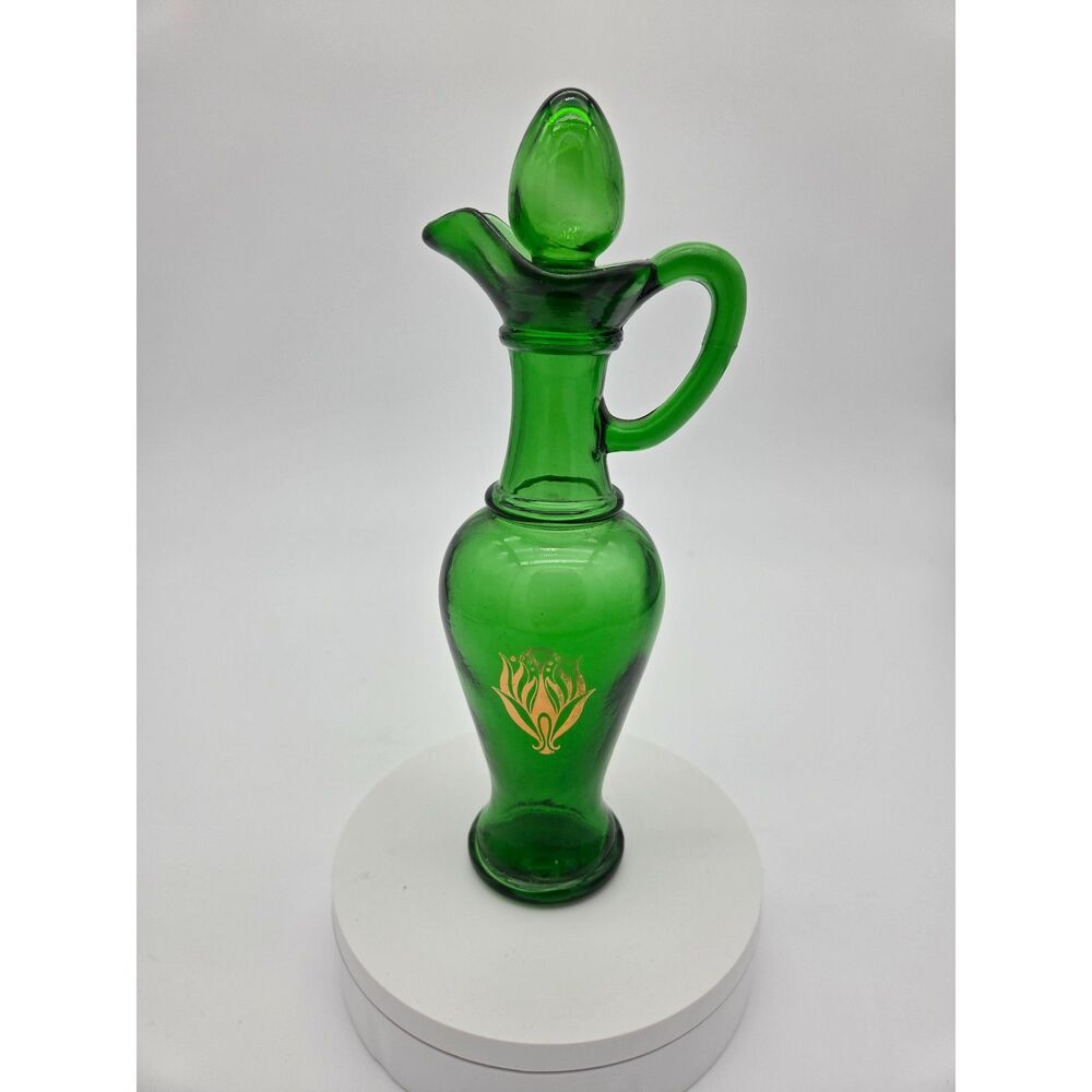 Vintage Avon Green Glass Ewer Pitcher Gold Floral Decanter with Stopper